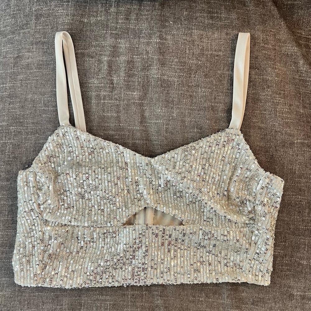 Silver sequin crop zip back